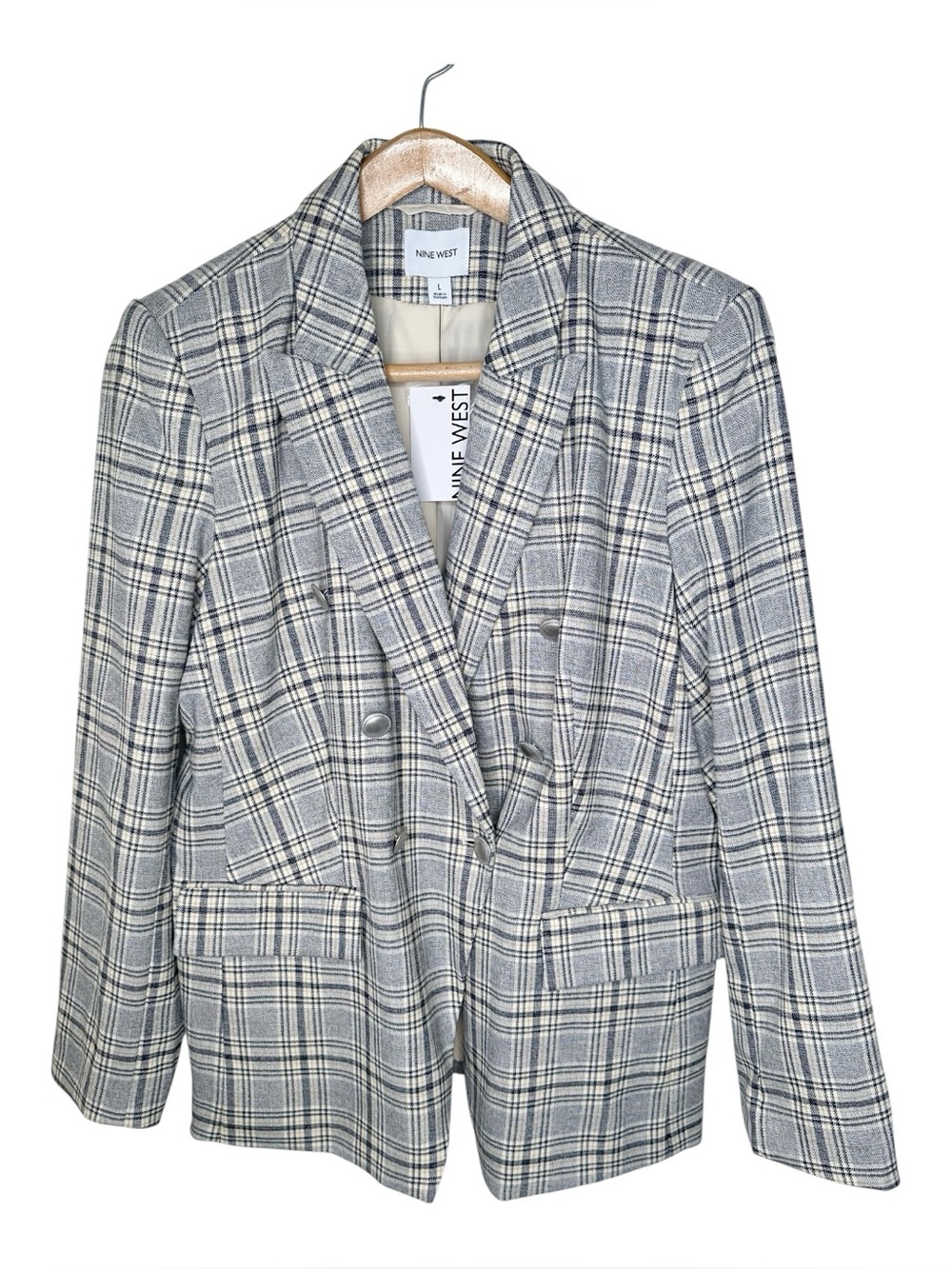 Nine West Double Breasted Blazer Jacket Size Large Plaid Heritage Preppy New